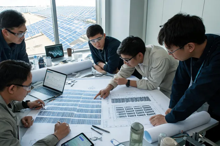 Energy engineering team reviewing a solar and storage design