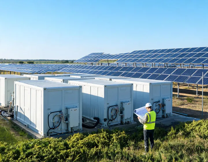 Battery energy storage containers beside a solar array