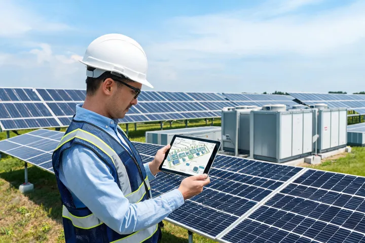 Engineer using a tablet to configure an energy storage project